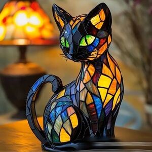 Stained Glass Cat Lamp - Multicolor dark face NWT